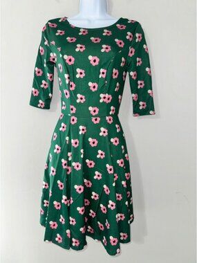 Unique Vintage GB Fit and Flare Dress XS‎ Floral Green Pink Flower Power